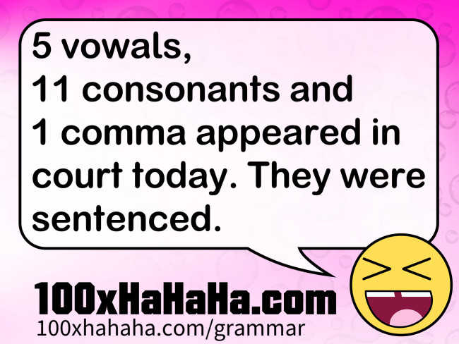 5 vowals, 11 consonants and 1 comma appeared in court today. They were sentenced.