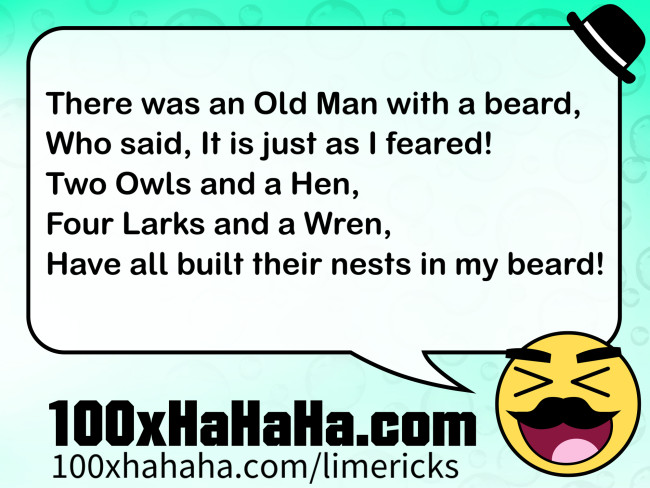 There was an Old Man with a beard, / Who said, It is just as I feared! / Two Owls and a Hen, / Four Larks and a Wren, / Have all built their nests in my beard!