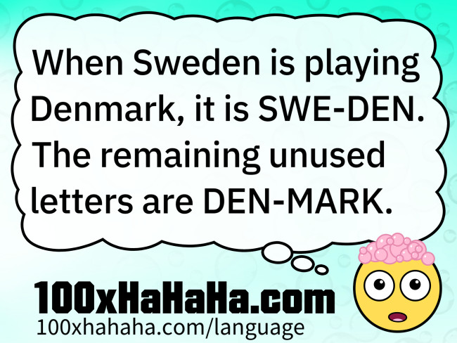 When Sweden is playing Denmark, it is SWE-DEN. The remaining unused letters are DEN-MARK.