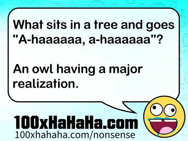 What sits in a tree and goes "A-haaaaaa, a-haaaaaa"? / / An owl having a major realization.