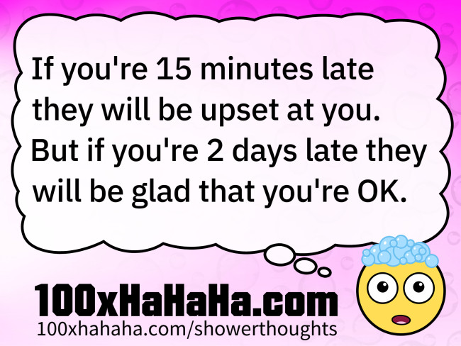 If you're 15 minutes late they will be upset at you. But if you're 2 days late they will be glad that you're OK.