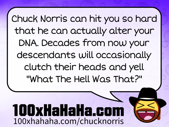 Chuck Norris can hit you so hard that he can actually alter your DNA. Decades from now your descendants will occasionally clutch their heads and yell "What The Hell Was That?"
