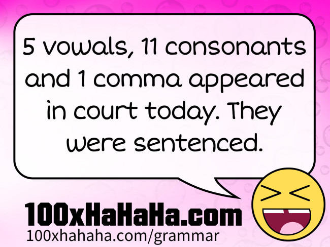5 vowals, 11 consonants and 1 comma appeared in court today. They were sentenced.