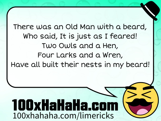 There was an Old Man with a beard, / Who said, It is just as I feared! / Two Owls and a Hen, / Four Larks and a Wren, / Have all built their nests in my beard!