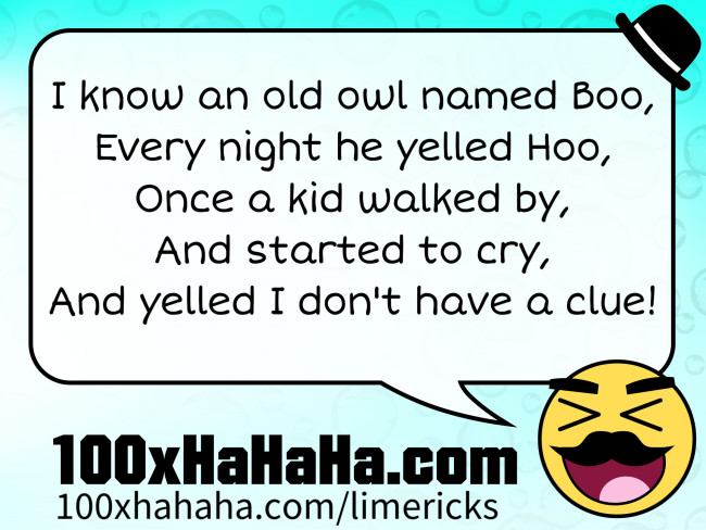 I know an old owl named Boo, / Every night he yelled Hoo, / Once a kid walked by, / And started to cry, / And yelled I don't have a clue!