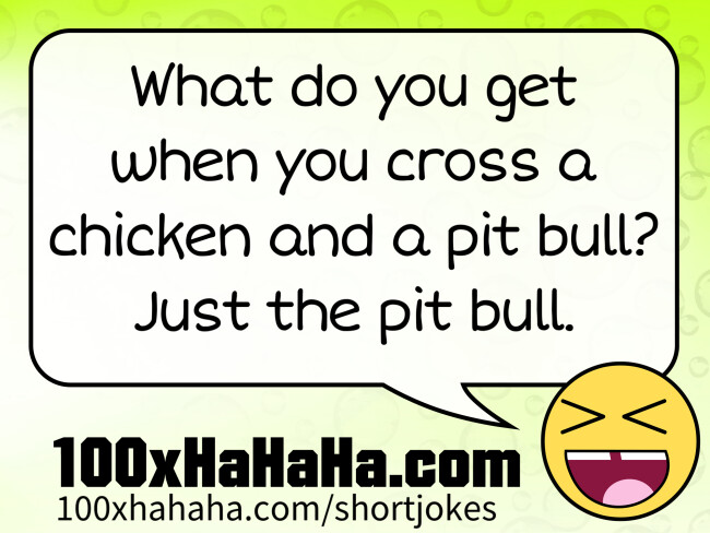 What do you get when you cross a chicken and a pit bull? Just the pit bull.