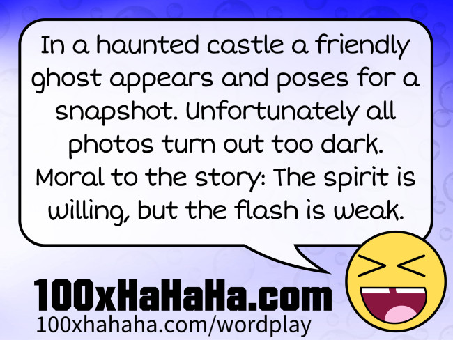 In a haunted castle a friendly ghost appears and poses for a snapshot. Unfortunately all photos turn out too dark. Moral to the story: The spirit is willing, but the flash is weak.