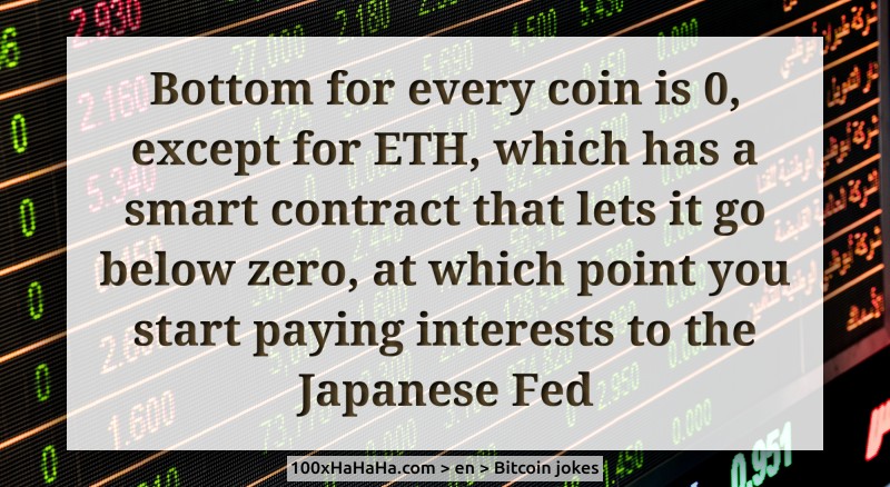 Bottom for every coin is 0, except for ETH, which has a smart contract that lets it go below zero, at which point you start paying interests to the Japanese Fed