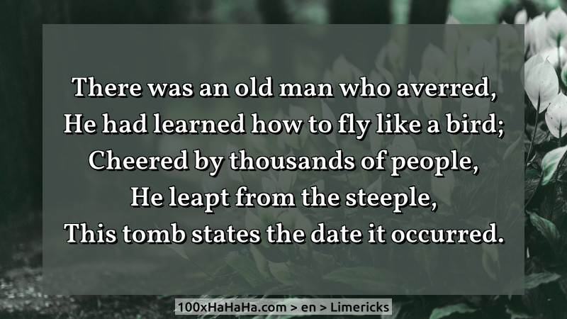 There was an old man who averred, / He had learned how to fly like a bird; / Cheered by thousands of people, / He leapt from the steeple, / This tomb states the date it occurred.