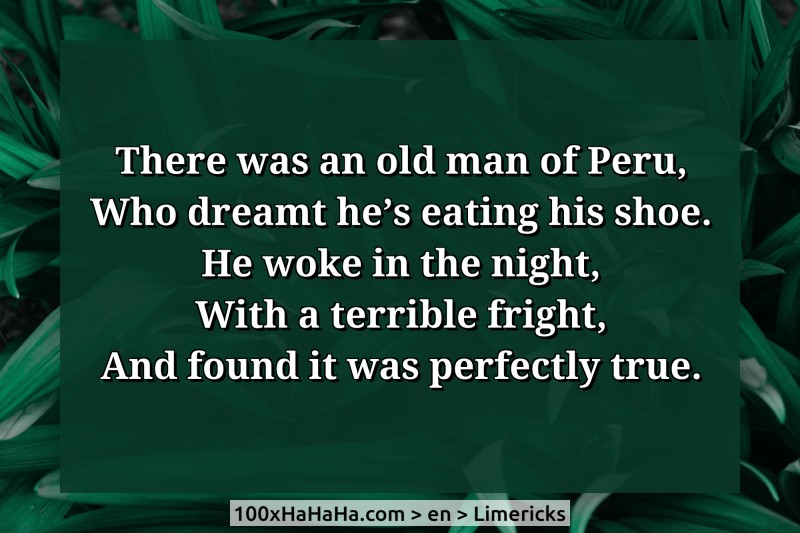 There was an old man of Peru, / Who dreamt he's eating his shoe. / He woke in the night, / With a terrible fright, / And found it was perfectly true.