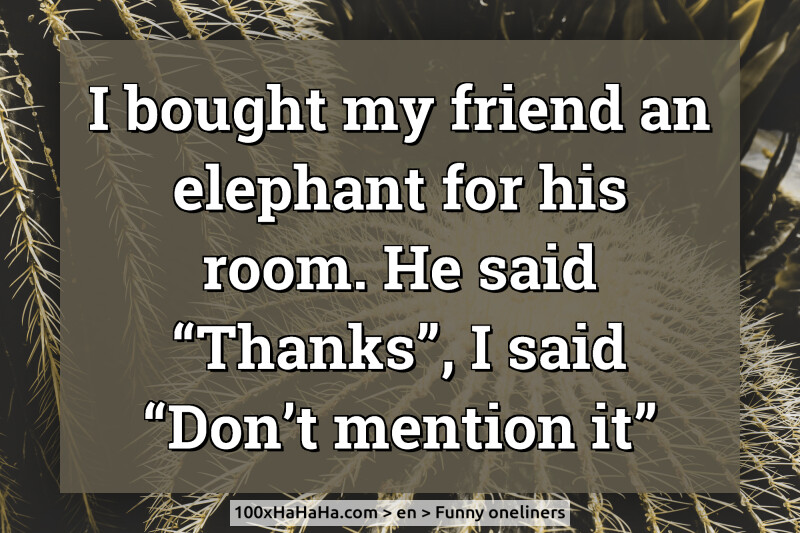 I bought my friend an elephant for his room. He said "Thanks", I said "Don't mention it"