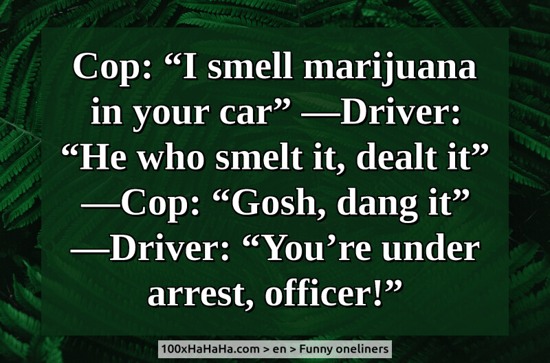 Cop: "I smell marijuana in your car" —Driver: "He who smelt it, dealt it" —Cop: "Gosh, dang it" —Driver: "You're under arrest, officer!"