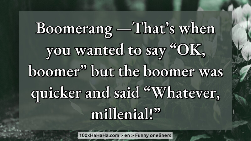 Boomerang —That's when you wanted to say "OK, boomer" but the boomer was quicker and said "Whatever, millenial!"