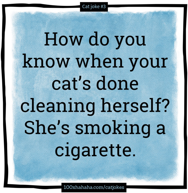 How do you know when your cat's done cleaning herself? She's smoking a cigarette.