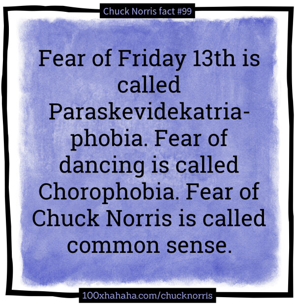 Fear of Friday 13th is called Paraskevidekatriaphobia. Fear of dancing is called Chorophobia. Fear of Chuck Norris is called common sense.