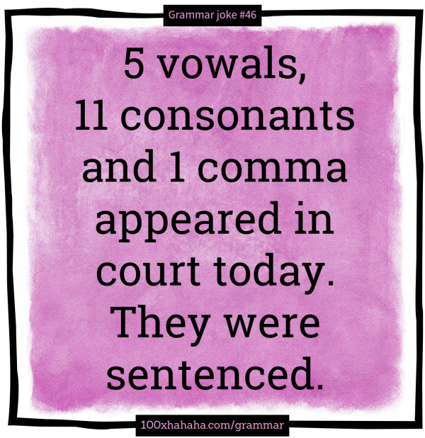 5 vowals, 11 consonants and 1 comma appeared in court today. They were sentenced.