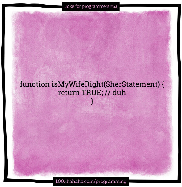 function isMyWifeRight($herStatement) { / return TRUE; / / duh / }