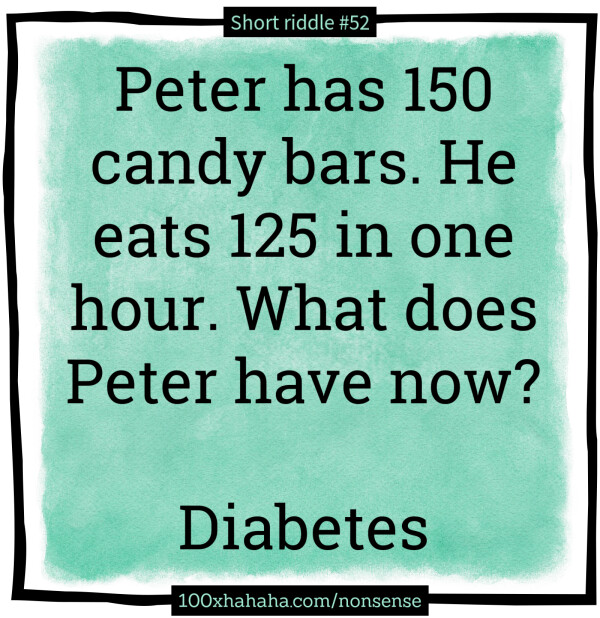 Peter has 150 candy bars. He eats 125 in one hour. What does Peter have now? / / Diabetes