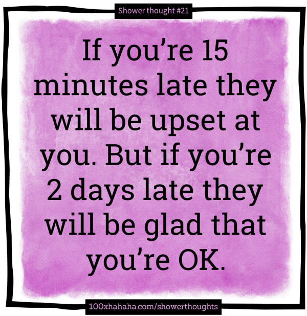 If you're 15 minutes late they will be upset at you. But if you're 2 days late they will be glad that you're OK.