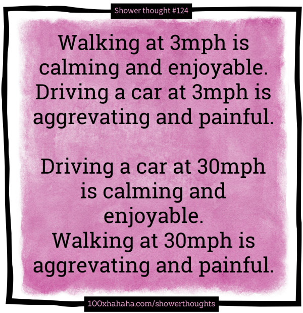 Walking at 3mph is calming and enjoyable. / Driving a car at 3mph is aggrevating and painful. / / Driving a car at 30mph is calming and enjoyable. / Walking at 30mph is aggrevating and painful.