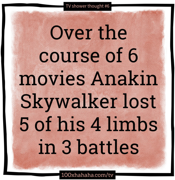 Over the course of 6 movies Anakin Skywalker lost 5 of his 4 limbs in 3 battles