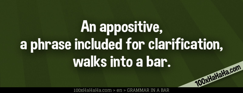 An appositive, a phrase included for clarification, walks into a bar.