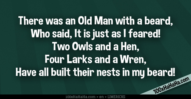 There was an Old Man with a beard, / Who said, It is just as I feared! / Two Owls and a Hen, / Four Larks and a Wren, / Have all built their nests in my beard!