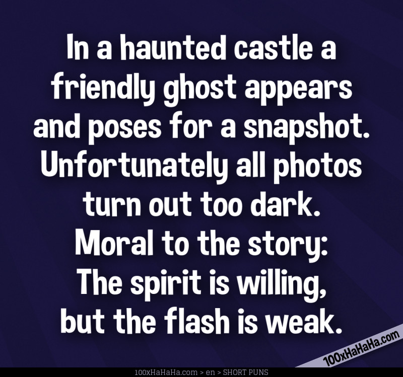 In a haunted castle a friendly ghost appears and poses for a snapshot. Unfortunately all photos turn out too dark. Moral to the story: The spirit is willing, but the flash is weak.