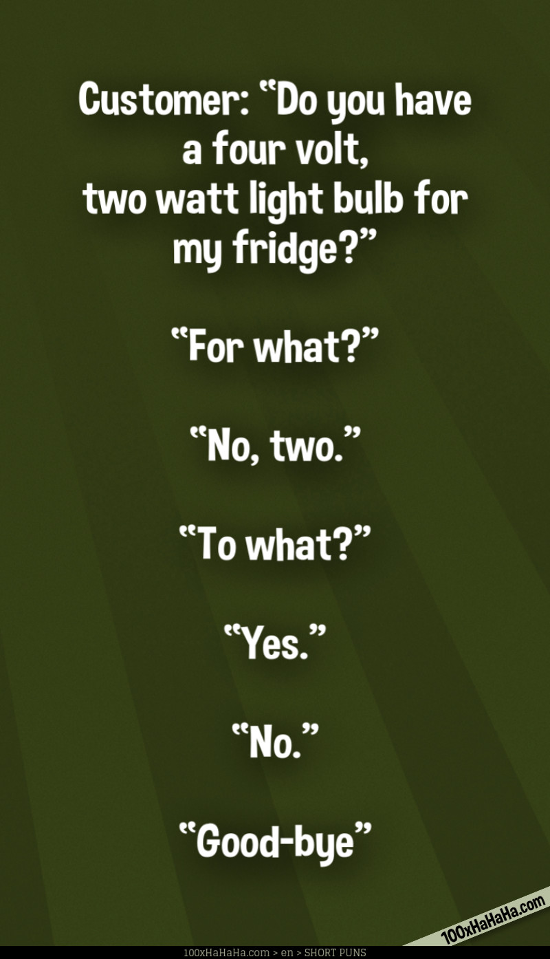 Customer: "Do you have a four volt, two watt light bulb for my fridge?" —"For what?" —"No, two" —"To what?" —"Yes" —"No" —"Good-bye"