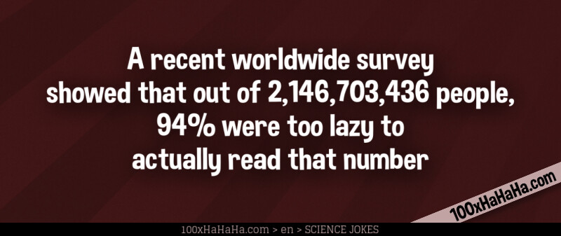 A recent worldwide survey showed that out of 2,146,703,436 people, 94% were too lazy to actually read that number
