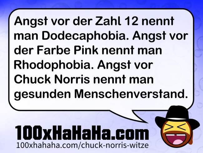 Angst vor der Zahl 12 nennt man Dodecaphobia. Angst vor der Farbe Pink nennt man Rhodophobia. Angst vor Chuck Norris nennt man gesunden Menschenverstand.
