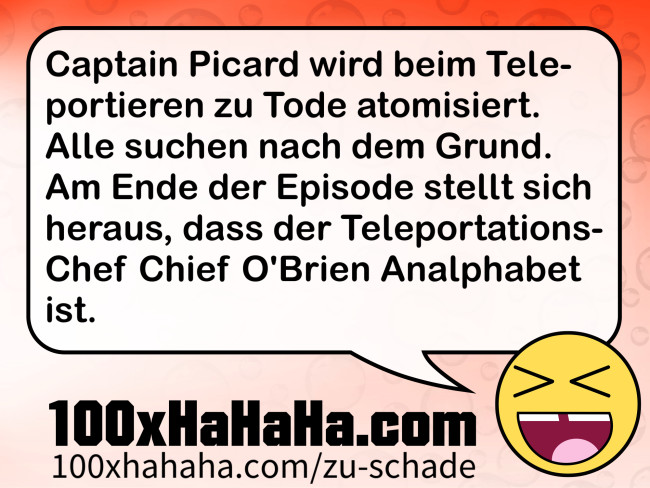Captain Picard wird beim Teleportieren zu Tode atomisiert. Alle suchen nach dem Grund. Am Ende der Episode stellt sich heraus, dass der Teleportations-Chef Chief O'Brien Analphabet ist