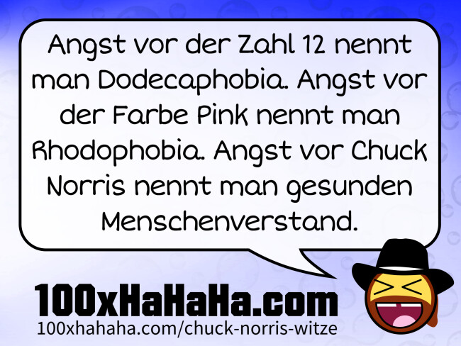Angst vor der Zahl 12 nennt man Dodecaphobia. Angst vor der Farbe Pink nennt man Rhodophobia. Angst vor Chuck Norris nennt man gesunden Menschenverstand.