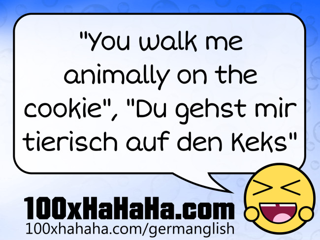 "You walk me animally on the cookie", "Du gehst mir tierisch auf den Keks"
