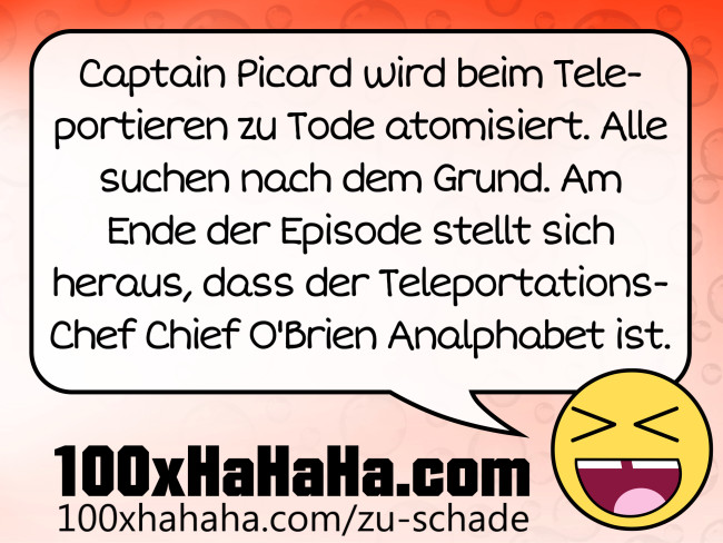 Captain Picard wird beim Teleportieren zu Tode atomisiert. Alle suchen nach dem Grund. Am Ende der Episode stellt sich heraus, dass der Teleportations-Chef Chief O'Brien Analphabet ist