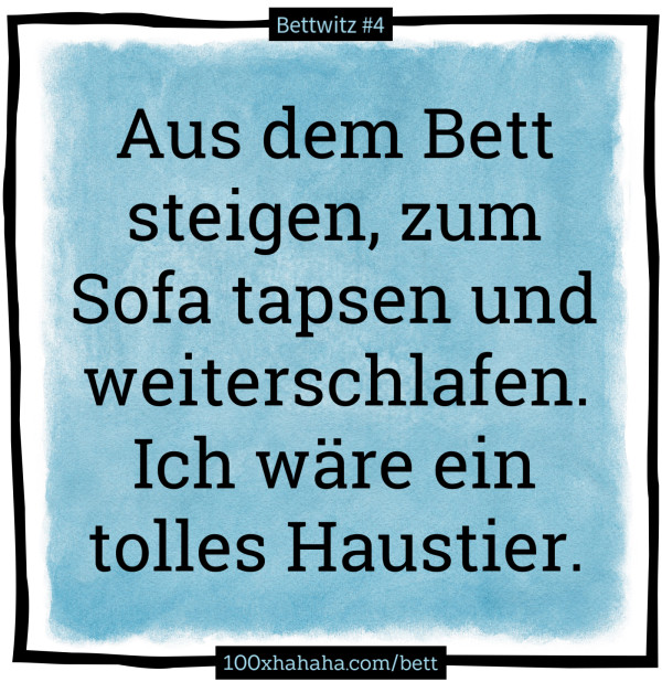 Aus dem Bett steigen, zum Sofa tapsen und weiterschlafen. Ich waere ein tolles Haustier.