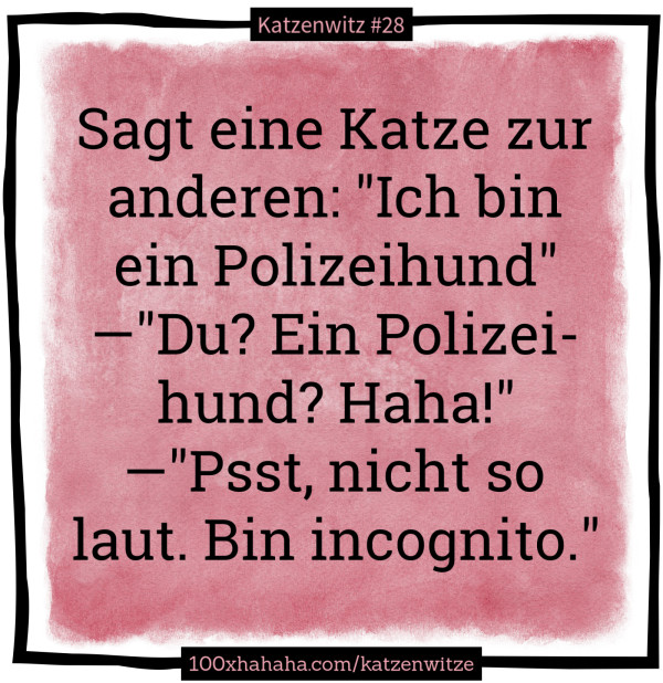 Sagt eine Katze zur anderen: "Ich bin ein Polizeihund" —"Du? Ein Polizeihund? Haha!" —"Psst, nicht so laut. Bin incognito."