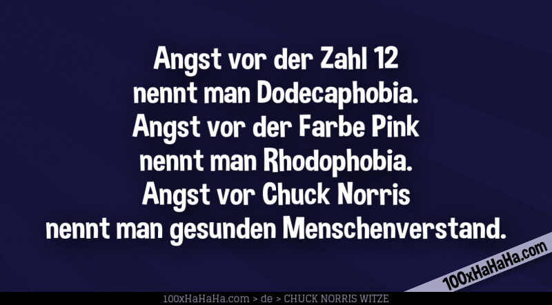 Angst vor der Zahl 12 nennt man Dodecaphobia. Angst vor der Farbe Pink nennt man Rhodophobia. Angst vor Chuck Norris nennt man gesunden Menschenverstand.