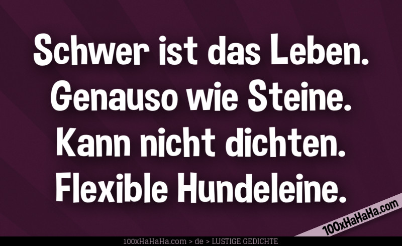 Schwer ist das Leben. / Genauso wie Steine. / Kann nicht dichten. / Flexible Hundeleine.
