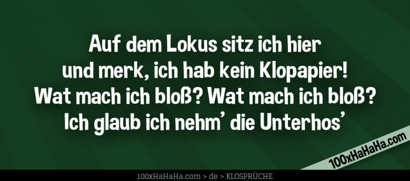Auf dem Lokus sitz ich hier / und merk, ich hab kein Klopapier! / Wat mach ich bloss? Wat mach ich bloss? / Ich glaub ich nehm' die Unterhos'