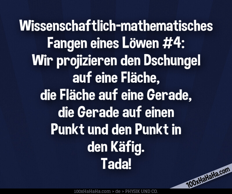 Wissenschaftlich-mathematisches Fangen eines Loewen #4: Wir projizieren den Dschungel auf eine Flaeche, die Flaeche auf eine Gerade, die Gerade auf einen Punkt und den Punkt in den Kaefig. Tada!