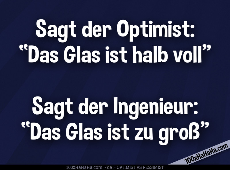 Sagt der Optimist: "Das Glas ist halb voll" —Sagt der Ingenieur: "Das Glas ist zu gross"