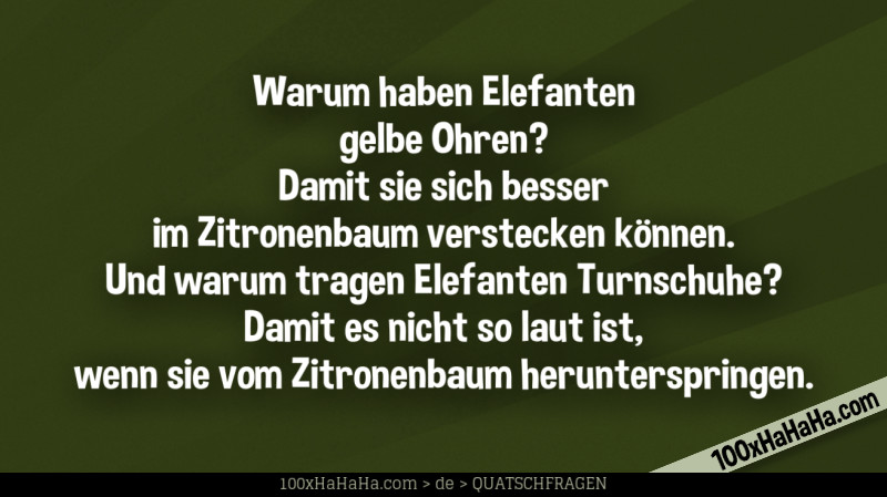 Warum haben Elefanten gelbe Ohren? Damit sie sich besser im Zitronenbaum verstecken können. Und warum tragen Elefanten Turnschuhe? Damit es nicht so laut ist, wenn sie vom Zitronenbaum herunterspringen. Warum haben Elefanten gelbe Ohren? Damit sie sich besser im Zitronenbaum verstecken koennen. Und warum tragen Elefanten Turnschuhe? Damit es nicht so laut ist, wenn sie vom Zitronenbaum herunterspringen.