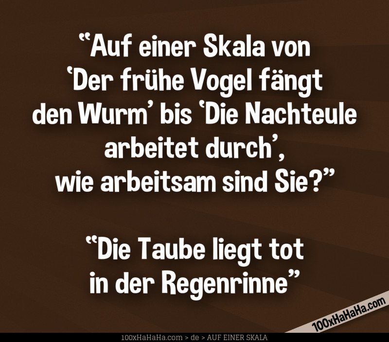 "Auf einer Skala von 'Der fruehe Vogel faengt den Wurm' bis 'Die Nachteule arbeitet durch', wie arbeitsam sind Sie?" —"Die Taube liegt tot in der Regenrinne"