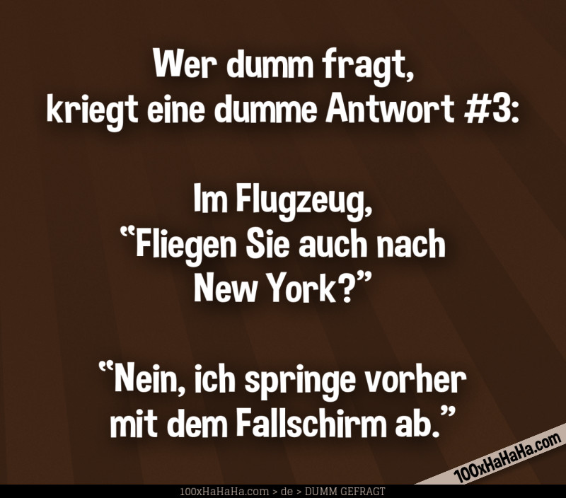 Wer dumm fragt, kriegt eine dumme Antwort #3: / / Im Flugzeug, "Fliegen Sie auch nach New York?" —"Nein, ich springe vorher mit dem Fallschirm ab"