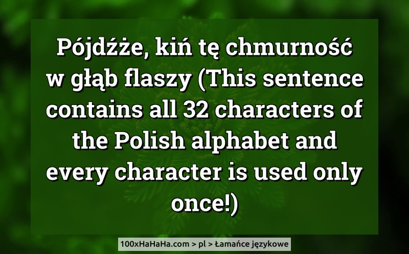 Pojdzze, kin te chmurnosc w glab flaszy (This sentence contains all 32 characters of the Polish alphabet and every character is used only once!)